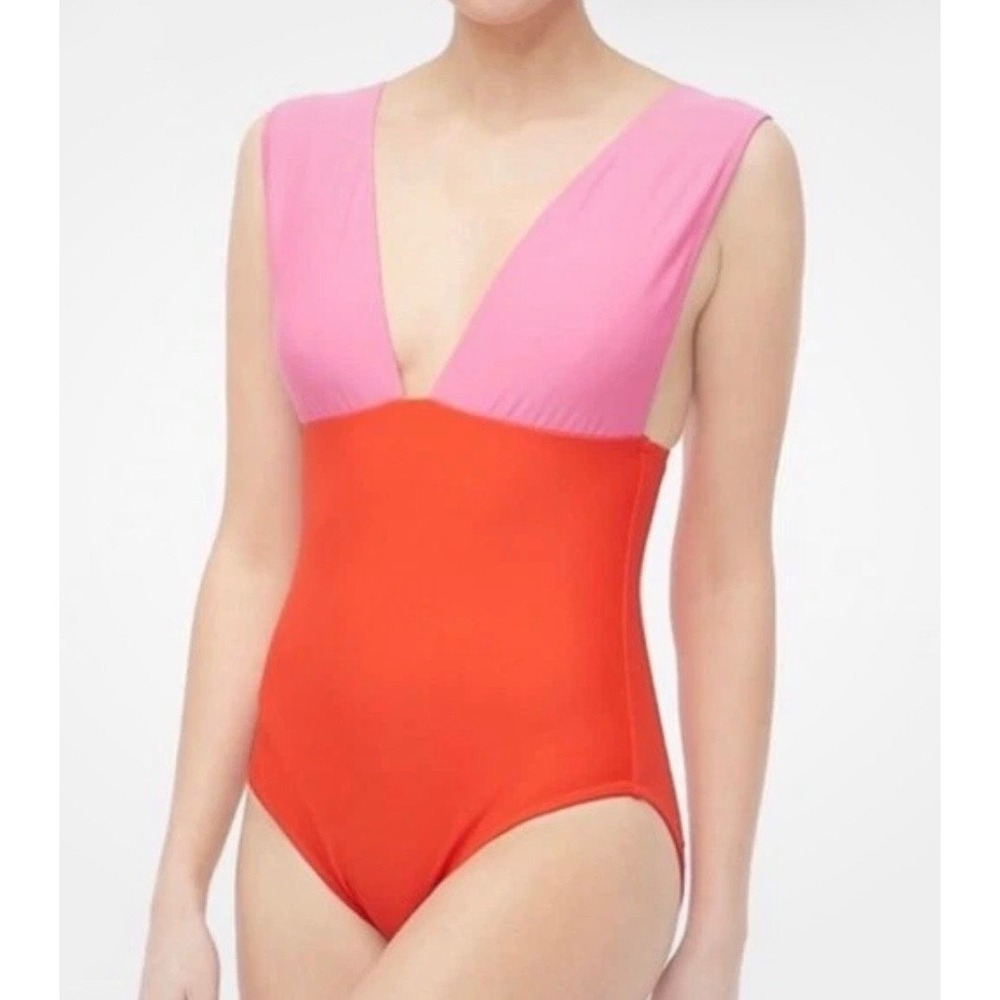 J.Crew Womens Colorblock‎ Deep V-Neck One-Piece Swimsuit Pink Red Large